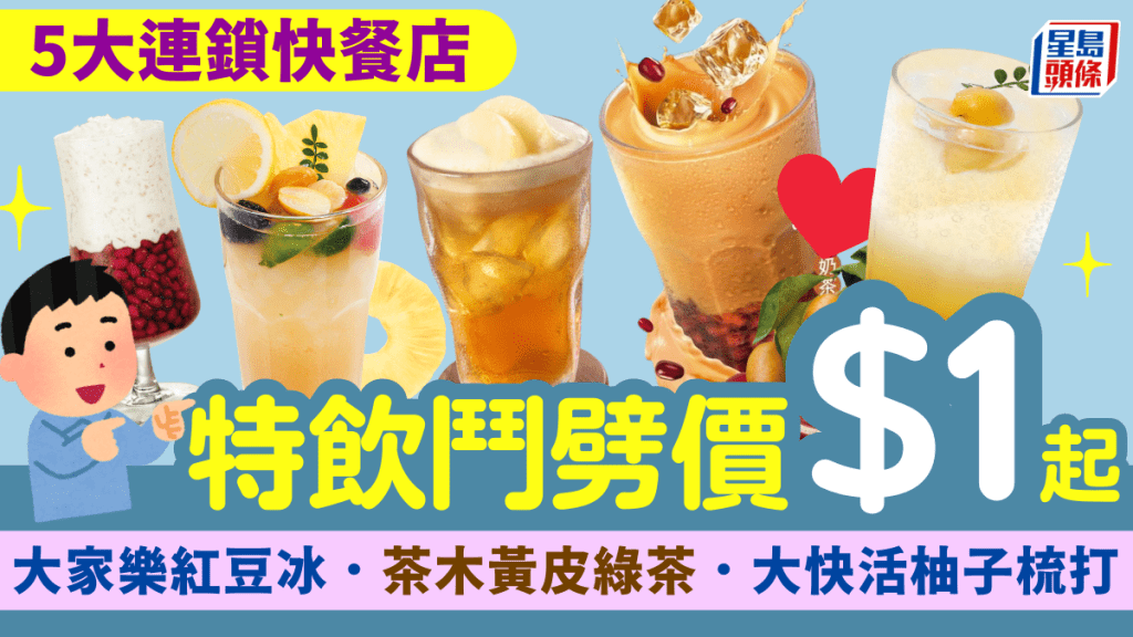 5大連鎖快餐店特飲劈價優惠$1起！大家樂紅豆冰／茶木小青桔黃皮綠茶／大快活柚子梳打