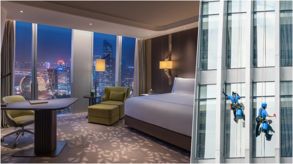 情侶入住酒店41樓,赤裸開窗睇風景,驚見工人擦玻璃 。酒店網圖及ISTOCK圖(示意圖)