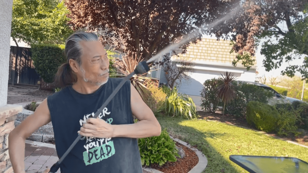 夏韶聲在綠草如茵的大花園打理庭院。