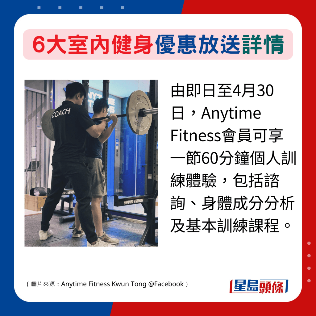 由即日至4月30日，Anytime Fitness會員可享一節60分鐘個人訓練體驗，包括諮詢、身體成分分析及基本訓練課程。