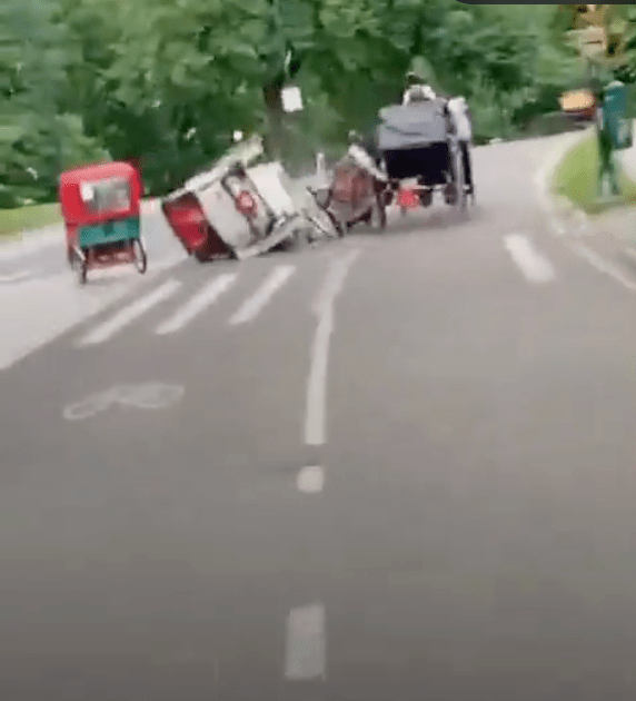 整輛復古馬車隨即在巨響中翻覆。 整輛復古馬車隨即在巨響中翻覆。