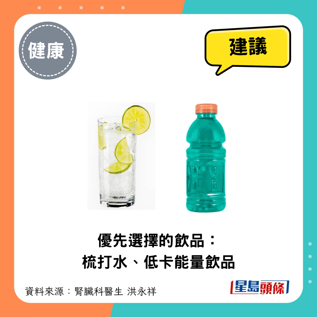 較健康的飲品建議：梳打水、低卡能量飲品