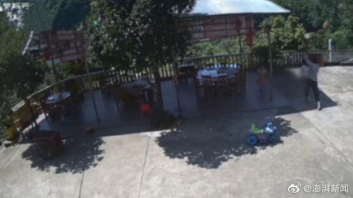 女童被男子以鋤頭不斷擊向其頭部。網圖
