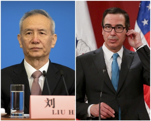 努欽(右)和劉鶴(左)曾通過電話討論美中貿易赤字。AP