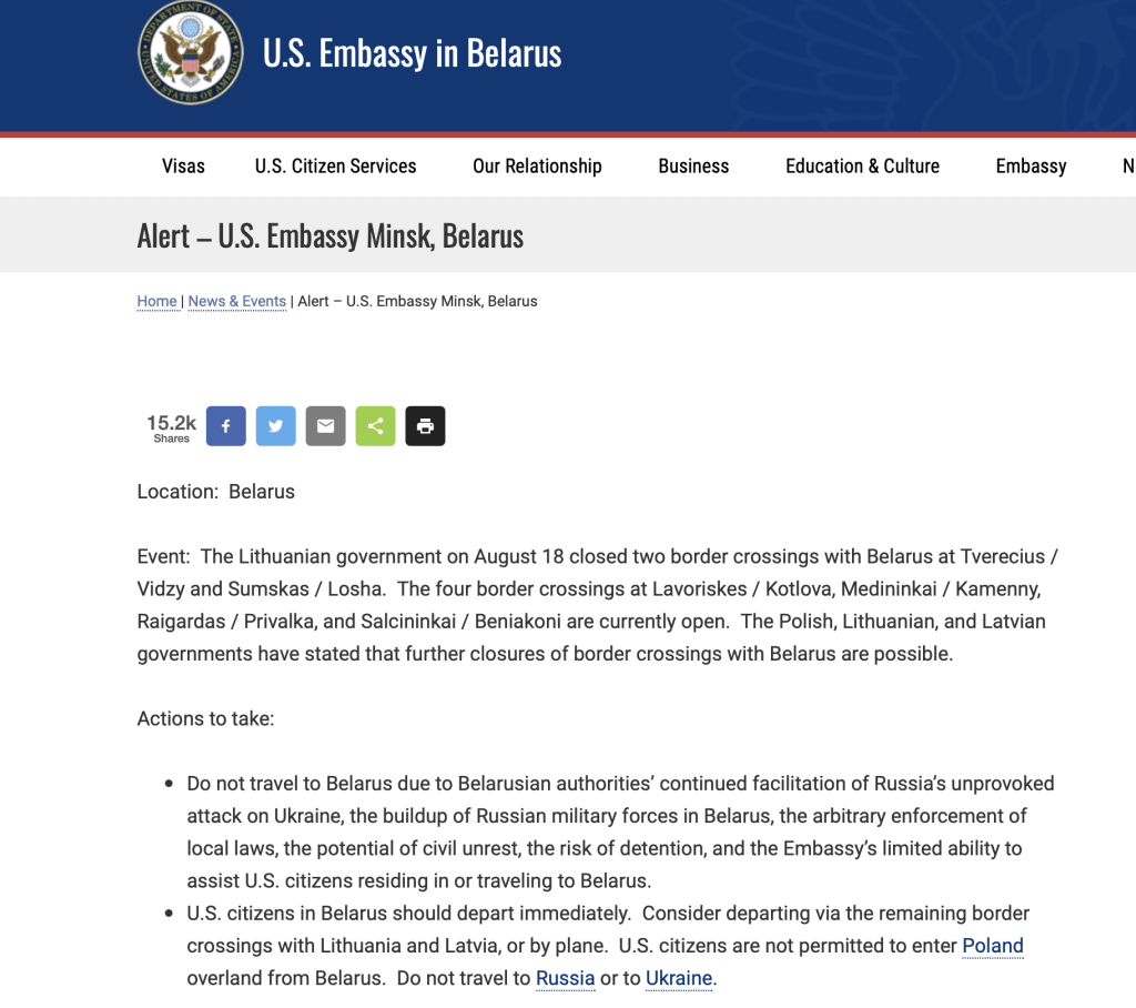 美國駐明斯克大使館發出公告，警告美國公民不要前往白俄羅斯旅行，在白俄羅斯的美國公民應立即離境。