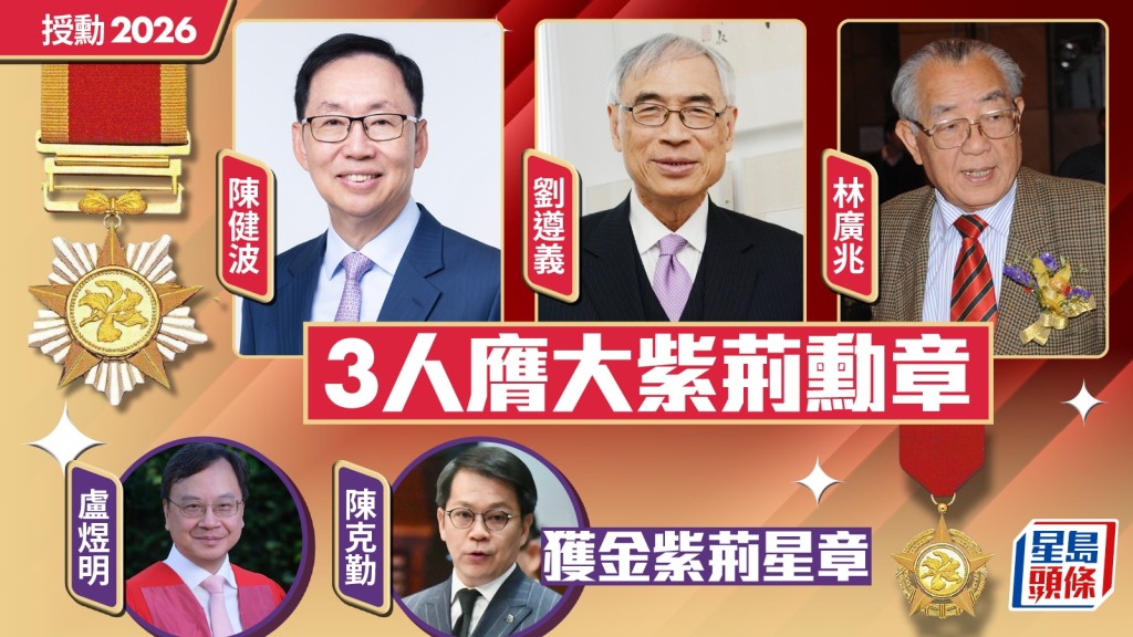 授勳2026｜陳健波、劉遵義、林廣兆3人膺大紫荊勳章 盧煜明、陳克勤等8人獲金紫荊