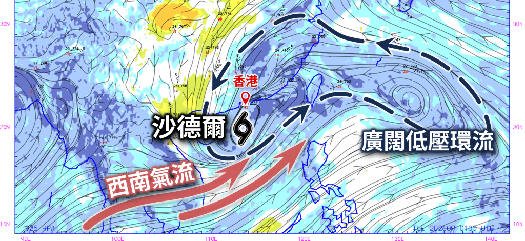 香港時間9月1日早上8時的925百帕斯卡(約1000米高空)風場及水汽分析圖。天文台《天氣隨筆》 香港時間9月1日早上8時的925百帕斯卡(約1000米高空)風場及水汽分析圖。天文台《天氣隨筆》