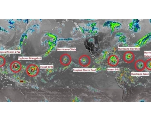 有网民发现，全球热带地区本周出现9个具威胁的气旋或潜在气旋！（网图）
