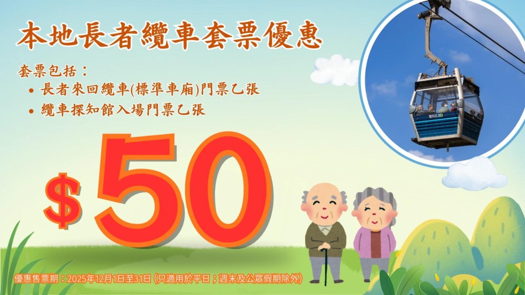 市民可用50優惠價購買本地長者纜車套票1張。昂坪360提供相片 市民可用50優惠價購買本地長者纜車套票1張。昂坪360提供相片