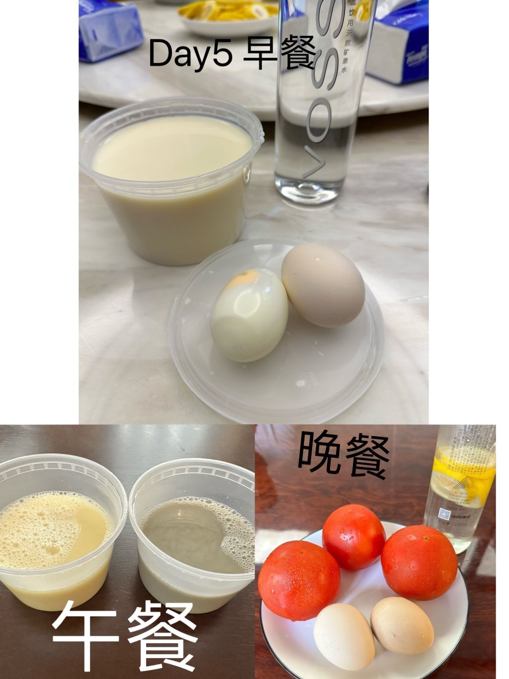 第五日早餐：豆漿加2烚蛋；午餐：2豆漿；晚餐3生蕃茄和2烚蛋。