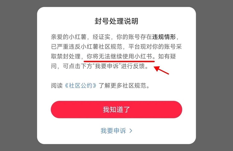 不少人收到小紅書的封號通知。