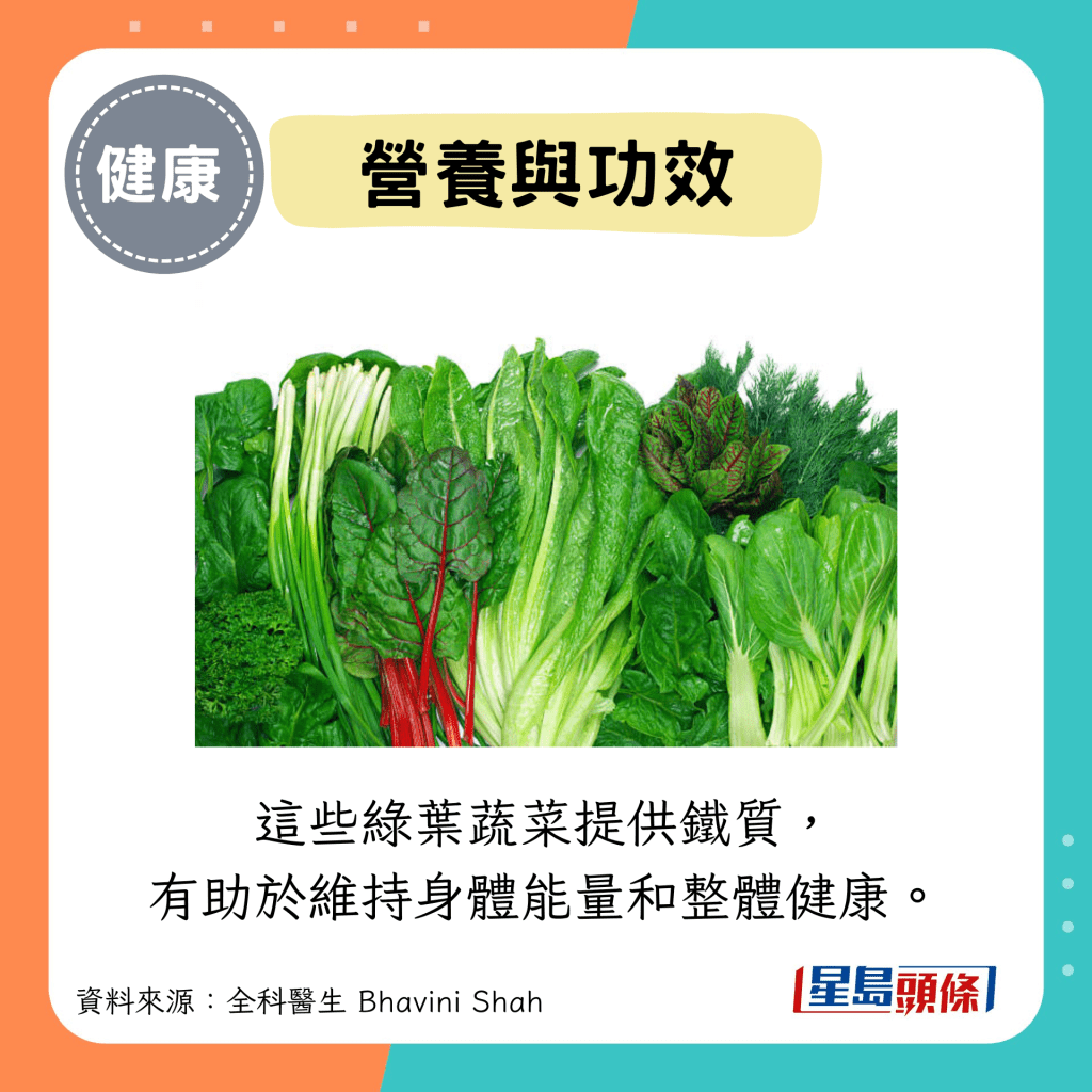 營養與功效：這些綠葉蔬菜提供鐵質， 有助於維持身體能量和整體健康。