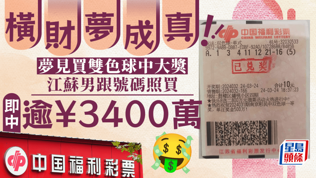 江蘇男子購買中國福利彩票後中逾3400萬獎金。