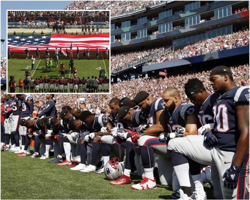 美國國歌奏起時，球員拒絕站立，單膝跪下。AP