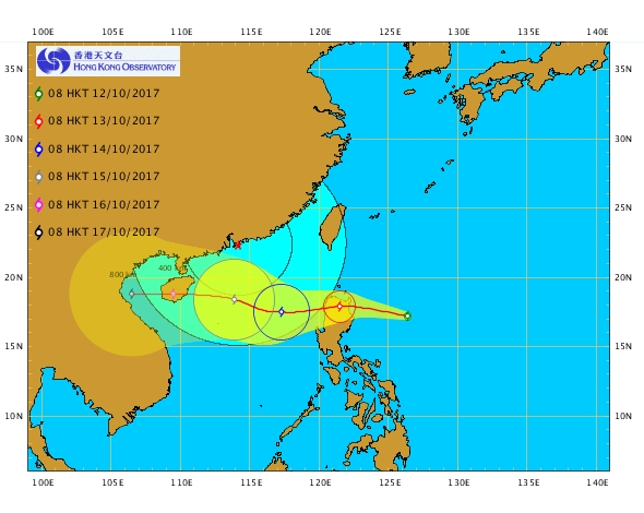 今晚至明早穿過或擦過呂宋島北部後，向偏西方向移動。香港天文台圖片