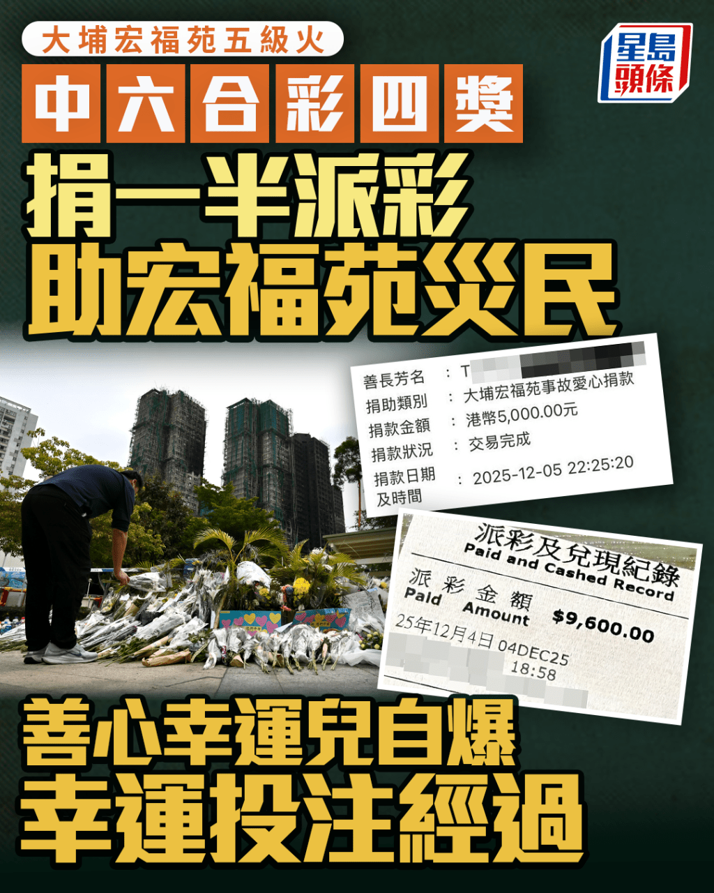 大埔宏福苑五級火︱中六合彩四獎 捐一半派彩助宏福苑災民 善心幸運兒自爆幸運投注經過