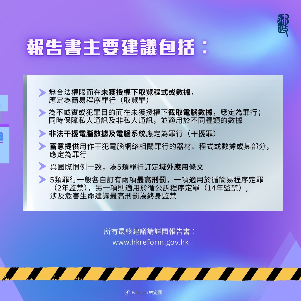 《依賴電腦網絡的罪行及司法管轄權事宜》報告書，建議引入一項全新針對電腦網絡罪行的特定法例。林定國FB圖片