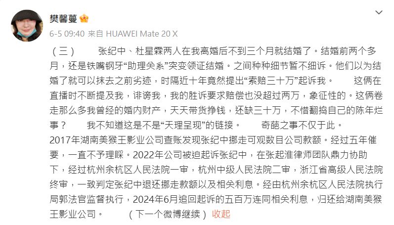 樊馨蔓撰長文數臭張紀中。 樊馨蔓撰長文數臭張紀中。