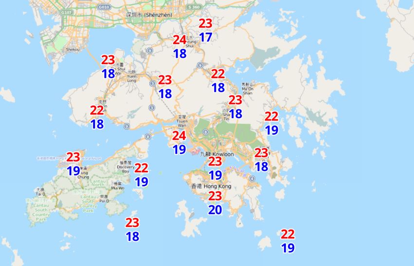 11月8日的各區分區氣溫預測。天文台網頁
