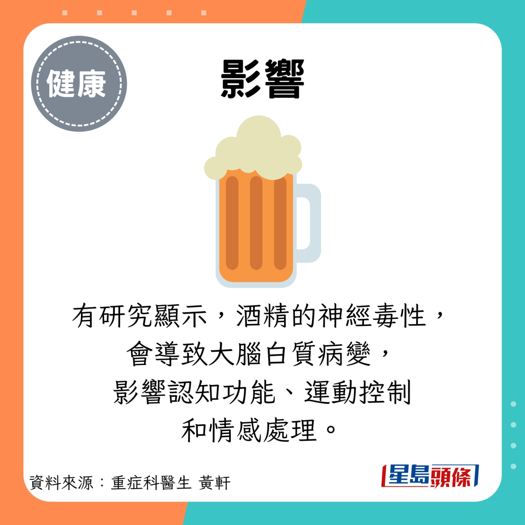 影響：有研究顯示，酒精的神經毒性， 會導致大腦白質病變， 影響認知功能、運動控制 和情感處理。