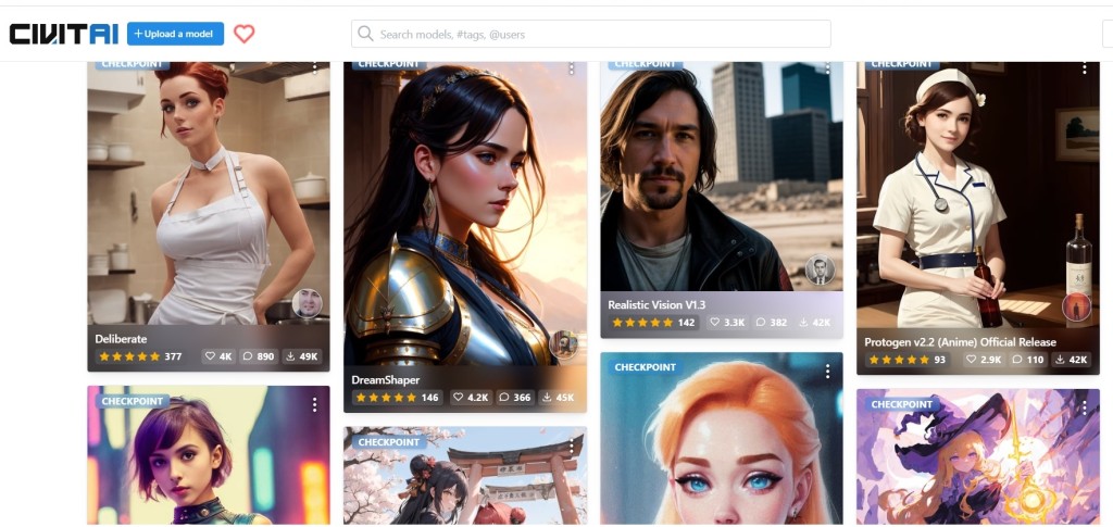 CivitAI網站內則有很多網友生成的AI模型作品，包括不同的類形及風格選擇，如ANIME、GIRL、LORA，甚至有SEXY及NSFW等成人專用模型，各人可按喜好下載使用