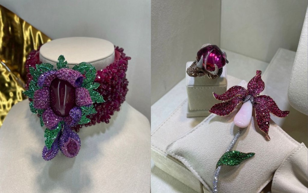 今年品牌的Red Carpet系列以Paradise为创作主题，大部分作品都离不开大自然的奇幻景象。这个以花卉为题的系列，Choker的巨型Oval红宝石十分抢眼，另外花形胸针亦镶嵌海螺珠，凸显珍贵。