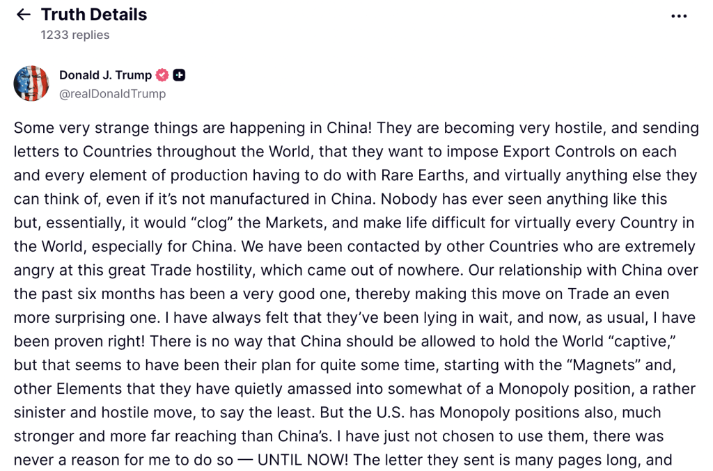 美國總統特朗普周五(4日)在其社交平台Truth Social發文表示,考慮到中國限制向美國出口稀土的舉措,他認為「似乎沒有理由」在即將出訪南韓期間與中國國家主席習近平會面。 美國總統特朗普周五(4日)在其社交平台Truth Social發文表示,考慮到中國限制向美國出口稀土的舉措,他認為「似乎沒有理由」在即將出訪南韓期間與中國國家主席習近平會面。