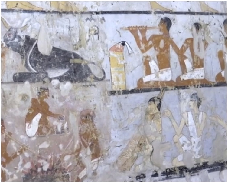 壁畫繪有猴子採水果和在管弦樂隊前跳舞的的模樣。AP