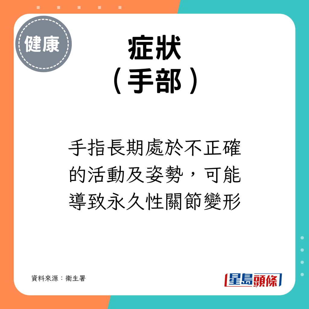 手指長期處於不正確的活動及姿勢，可能導致永久性關節變形