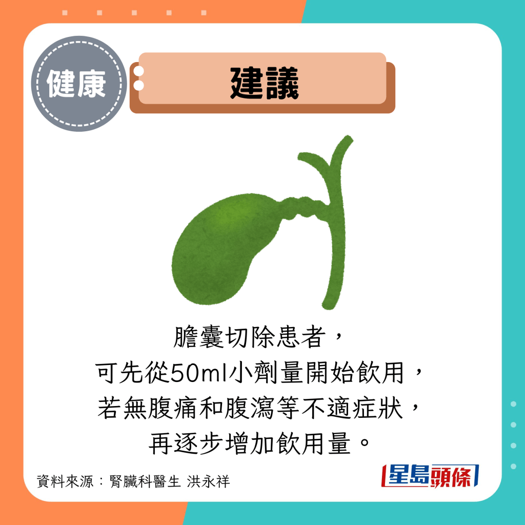 建議:膽囊切除患者, 可先從50ml小劑量開始飲用, 若無腹痛和腹瀉等不適症狀, 再逐步增加飲用量。