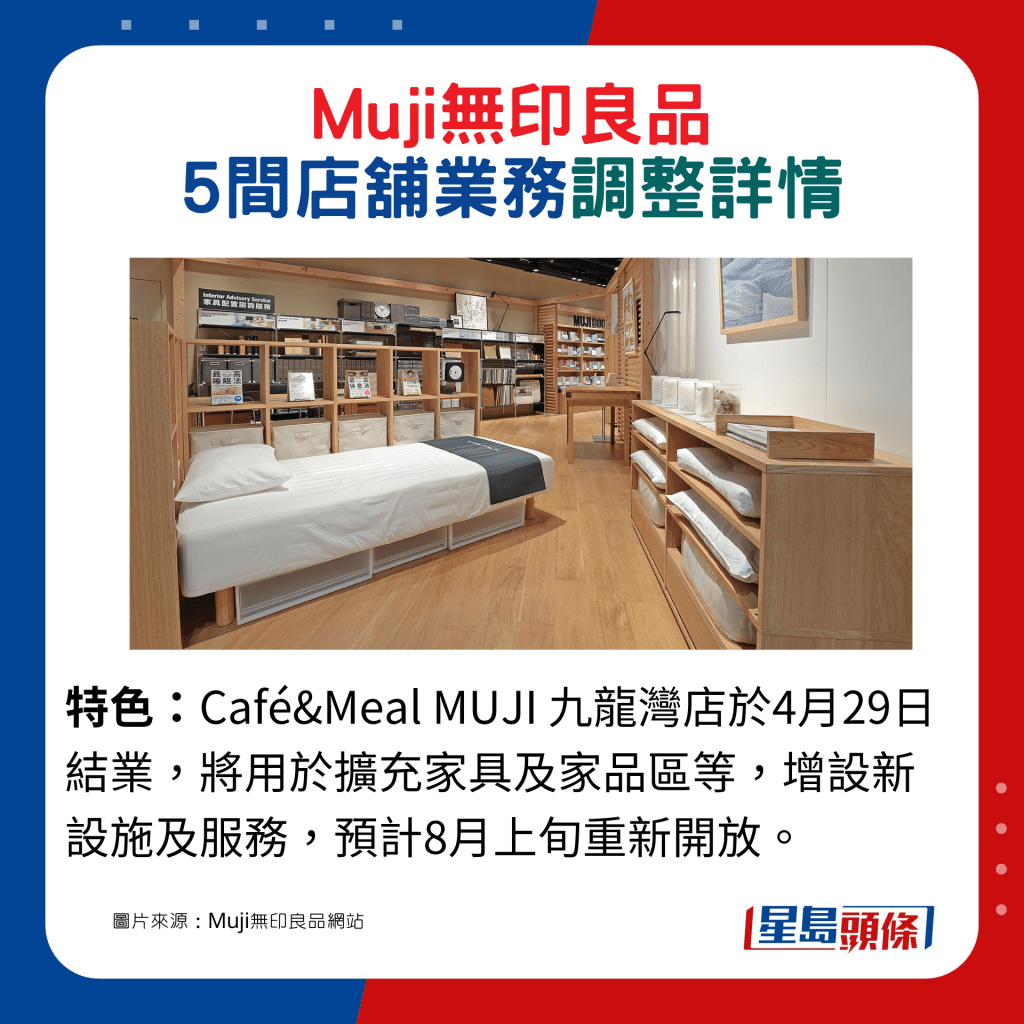 Café&Meal MUJI 九龙湾店于4月29日结业，将用于扩充家具及家品区等，增设新设施及服务，预计8月上旬重新开放。