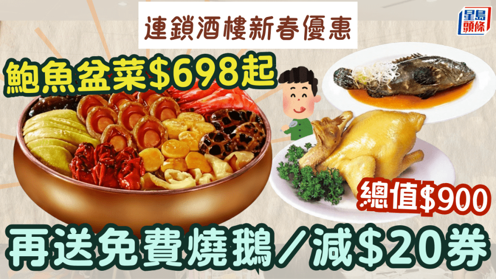 連鎖酒樓新春鮑魚盆菜$698起！再送免費燒鵝、龍躉/減$20禮券 總值高達$900 全年適用！