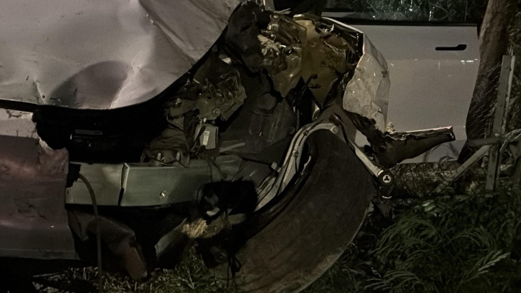 Tesla擱在草叢上，車頭嚴重損毀，機件明顯外露，車架扭曲，儼如廢鐵。蔡楚輝攝