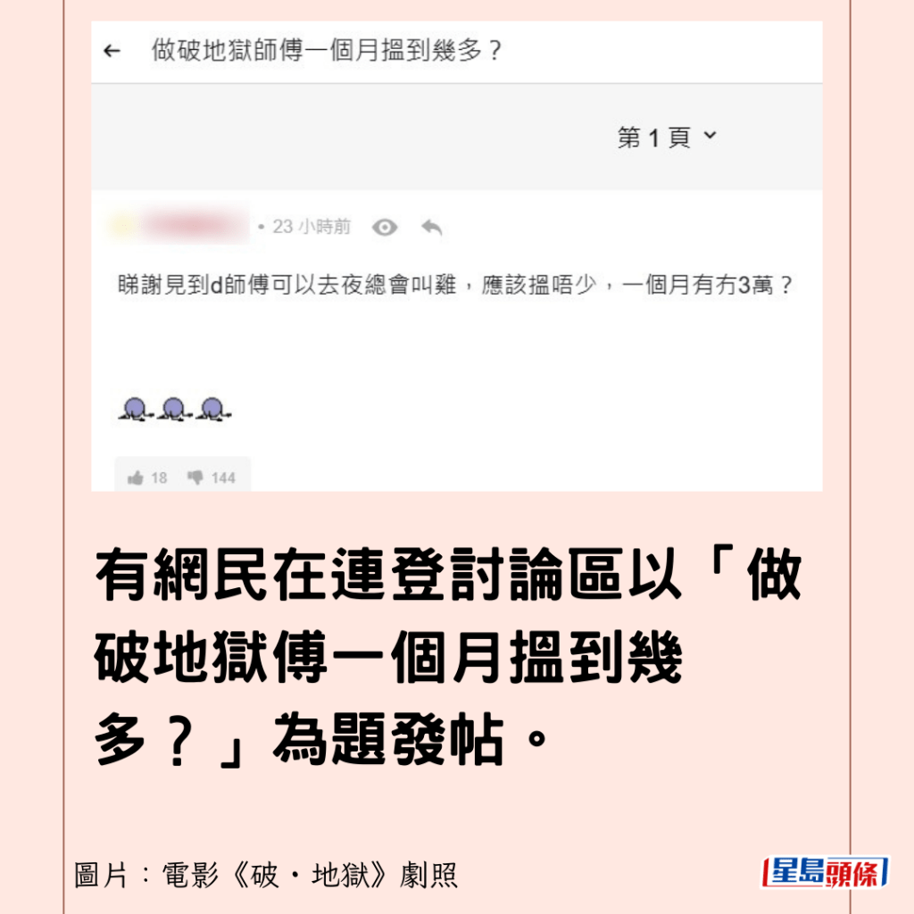 有网民在连登讨论区以「做破地狱傅一个月搵到几多？」为题发帖。