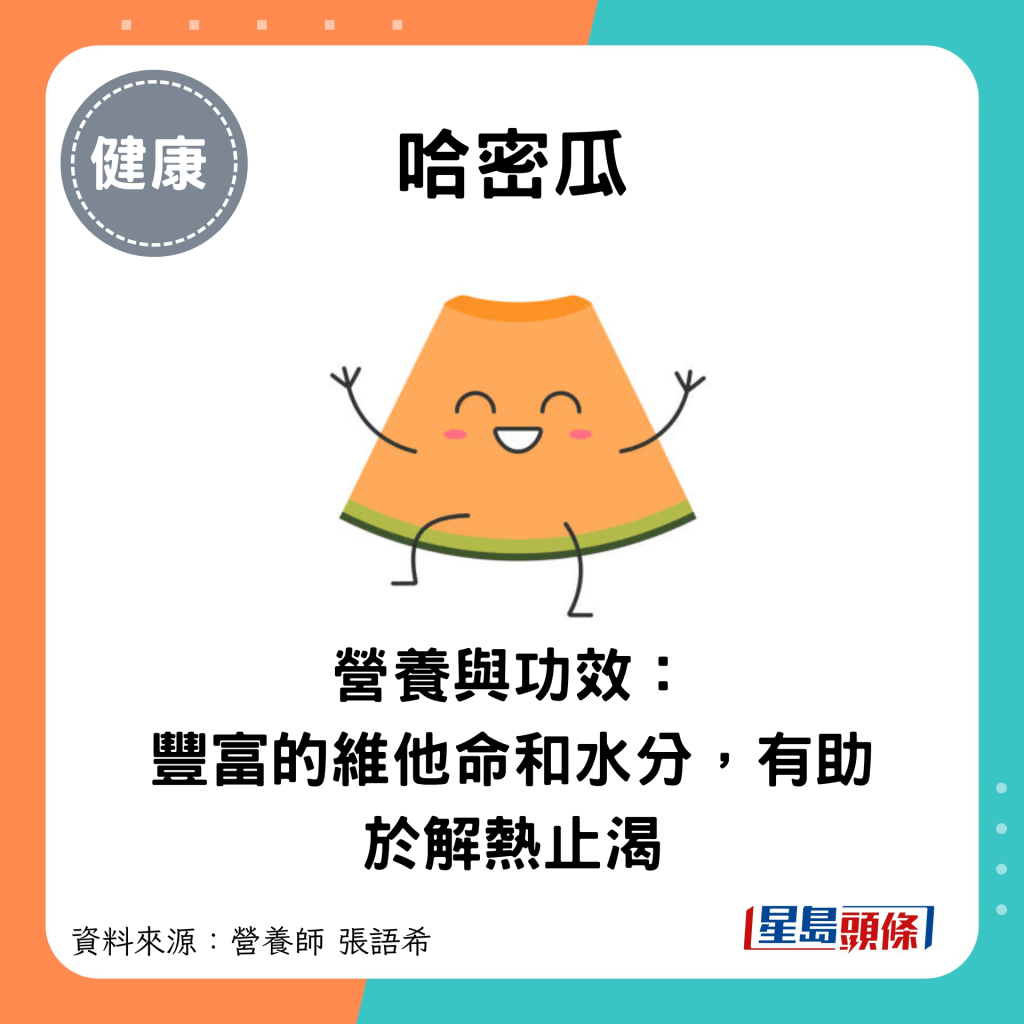 哈密瓜：營養與功效： 豐富的維他命和水分，有助於解熱止渴