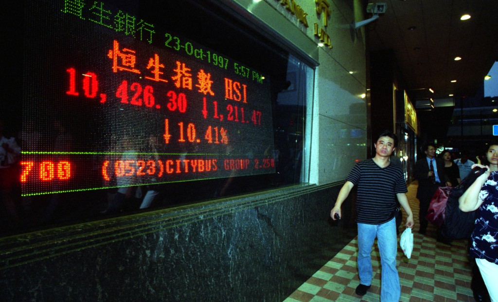 1997年回歸後,亞洲金融風暴爆發,國際炒家狙擊港元聯繫匯率,恒指一年間由高位跌近六成。 1997年回歸後,亞洲金融風暴爆發,國際炒家狙擊港元聯繫匯率,恒指一年間由高位跌近六成。