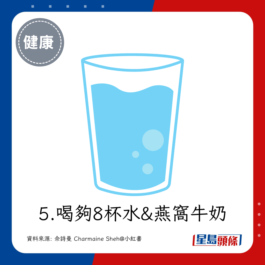  5.喝夠8杯水及燕窩牛奶