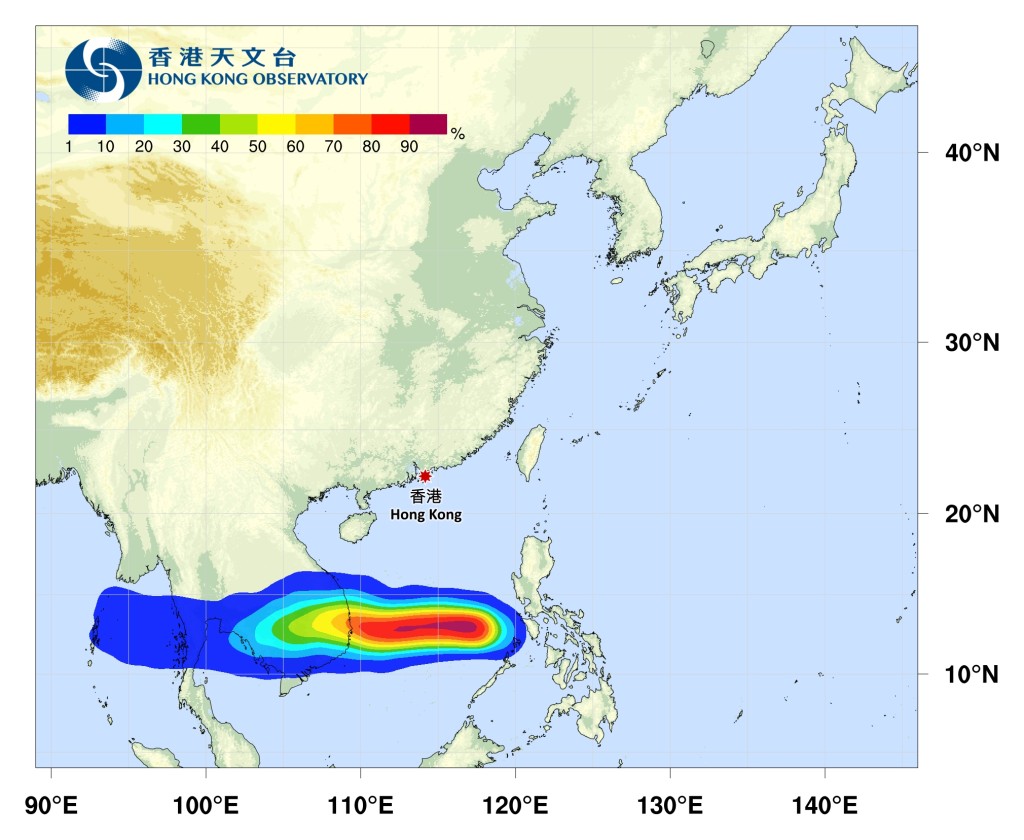 艾濤會在今明兩日移向越南南部。天文台路徑概率預報