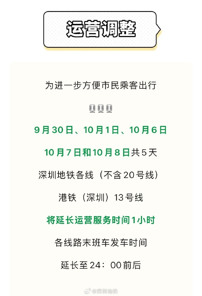 深圳地鐵延長服務時間具體安排。