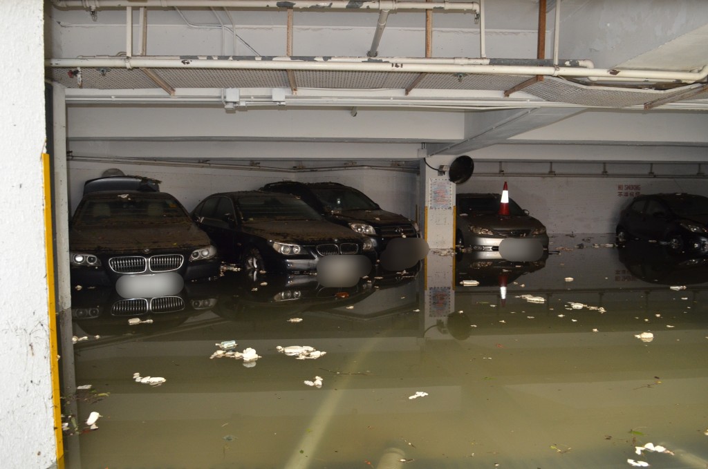 杏花邨地庫停車場水浸,水位一度高達1.8米,多輛私家車遭沒頂。資料圖片 杏花邨地庫停車場水浸,水位一度高達1.8米,多輛私家車遭沒頂。資料圖片
