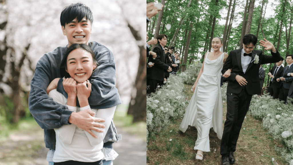 「跳高女神」楊文蔚北海道森林結婚  穿低胸露背婚紗出嫁  與牙醫老公深情熱吻