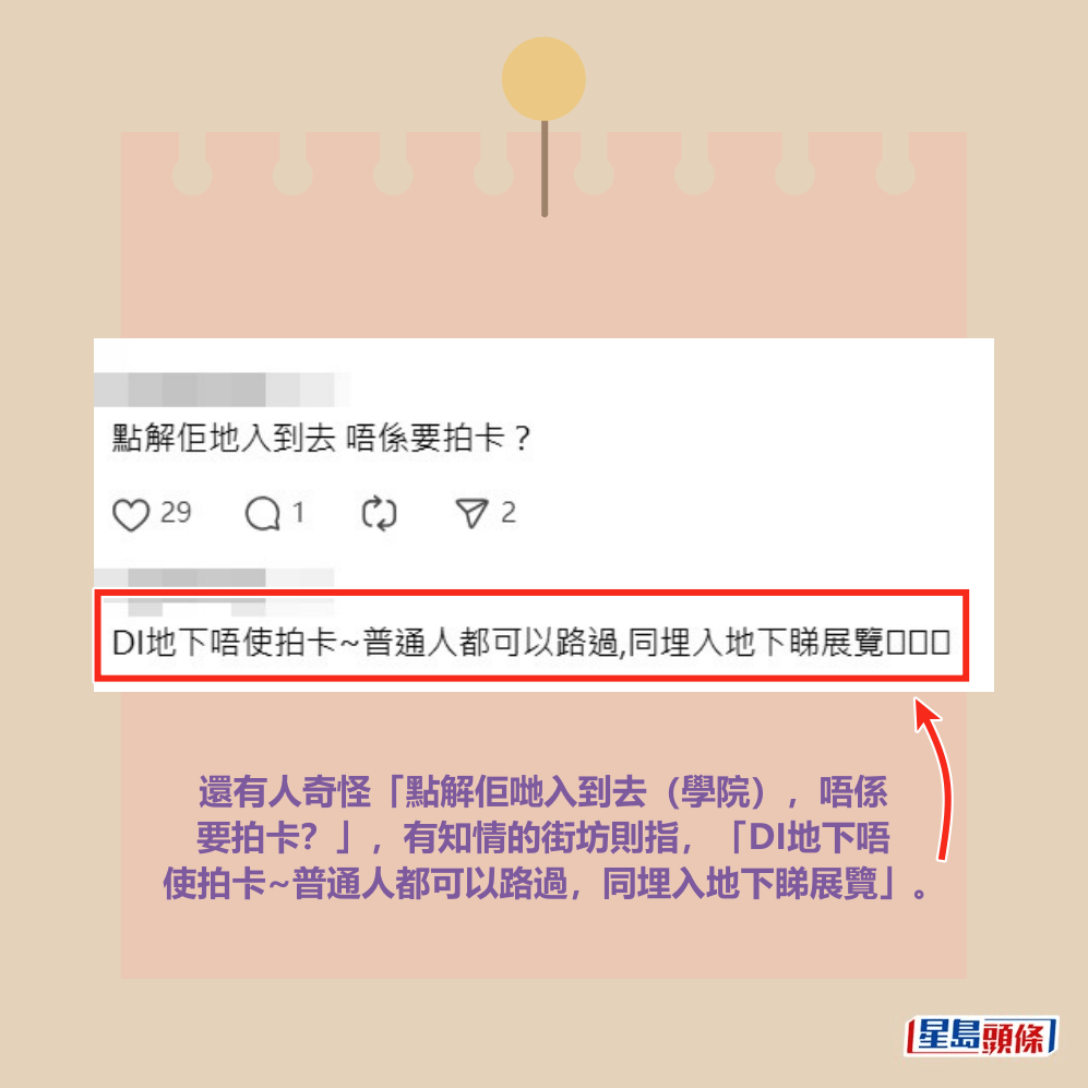 還有人奇怪「點解佢哋入到去（學院），唔係 要拍卡？」，有知情的街坊則指，「DI地下唔 使拍卡~普通人都可以路過，同埋入地下睇展覽」。Threads截圖