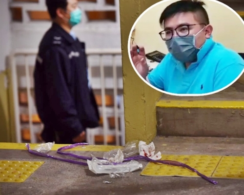 案發現場遺下一條紫色尼龍繩、口罩及染血紙巾。小圖為區議員莫灝哲。
