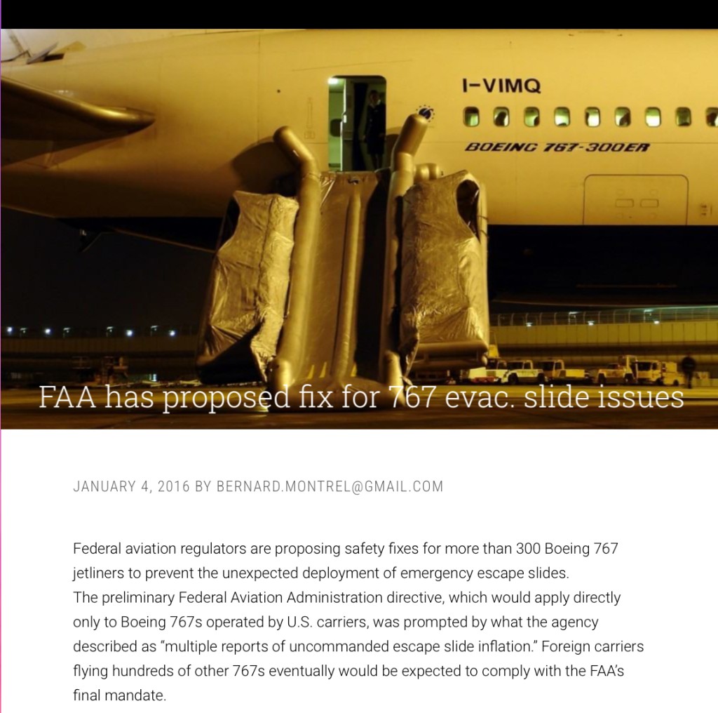 網上資料顯示，波音767早在2016年已有逃生滑梯自動張開的問題。