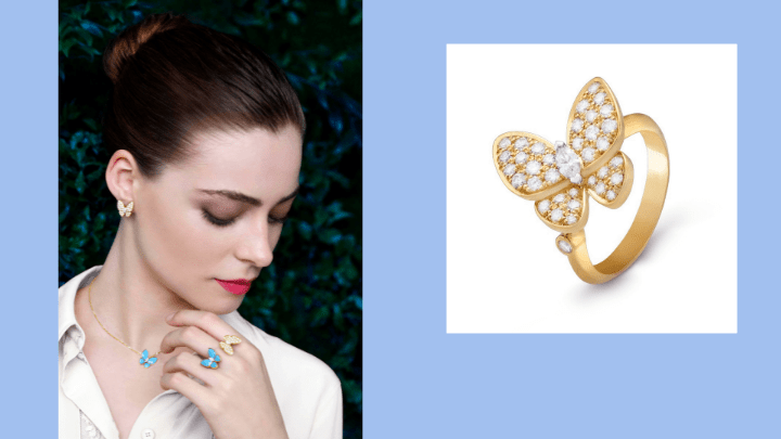 左/Two Butterfly系列新推作品，包括左右不對稱設計的18K白金及黃金鑲綠松石及鑽石耳環/$172,000、18K白金及黃金鑲綠松石及鑽石吊墜項鏈/$80,500，以及18K白金及黃金鑲綠松石及鑽石指間戒/$172,000。右/Two Butterfly系列18K黃金鑲鑽石指環/$117,000。