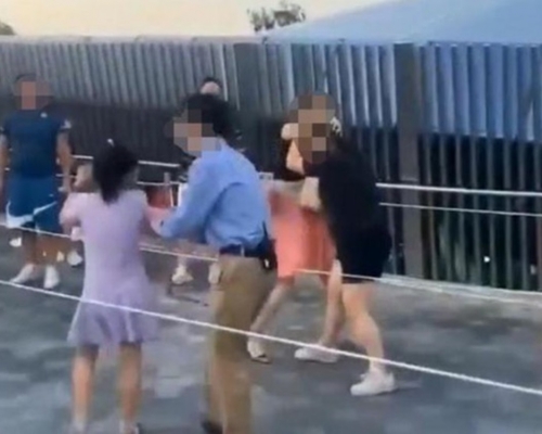 上海迪士尼樂園兩名女遊客日前疑因排隊問題公然打架。網圖