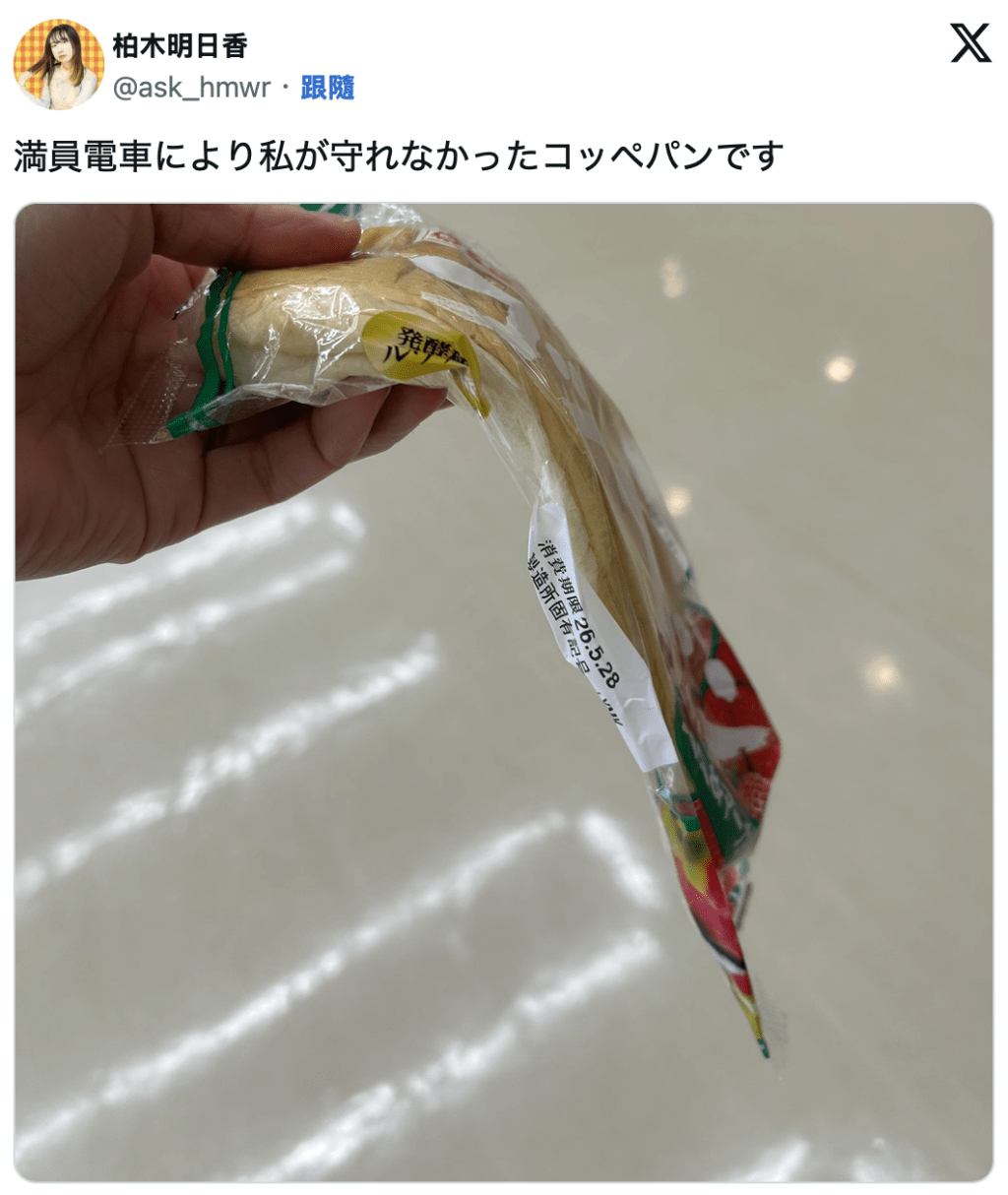 本應柔軟膨鬆、外形飽滿的夾心麵包,疑似禁受不住車廂內排山倒海的人潮擠壓變成肉餅。X@ask_hmwr 本應柔軟膨鬆、外形飽滿的夾心麵包,疑似禁受不住車廂內排山倒海的人潮擠壓變成肉餅。X@ask_hmwr