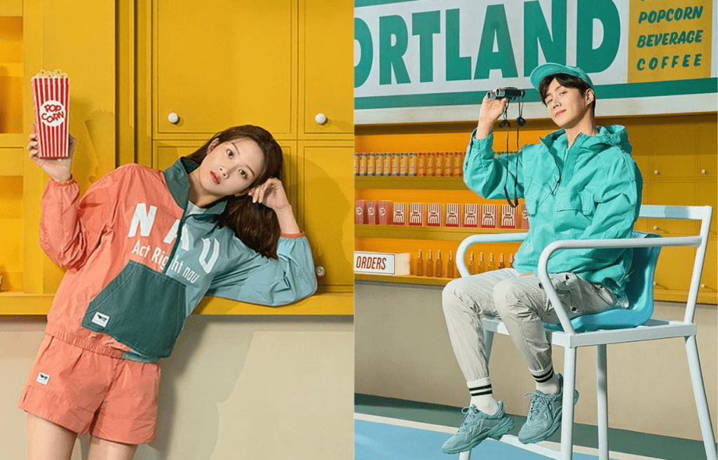 左/文佳煐在廣告中穿着拼色設計的Anorak外套與短褲,採用再生尼龍的環保素材製作;右/金宣虎以薄荷綠色Coava環保雨衣外套,配襯同色Cap,造型活潑清新。