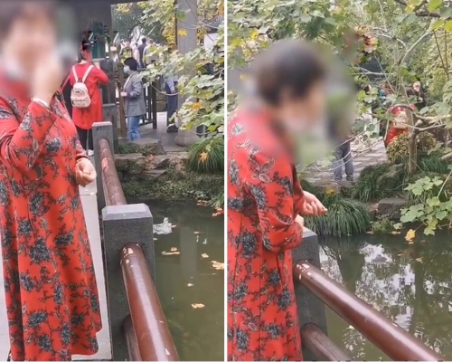 杭州西湖边一位大妈往湖里吐瓜子壳的影片引发关注。（网图）
