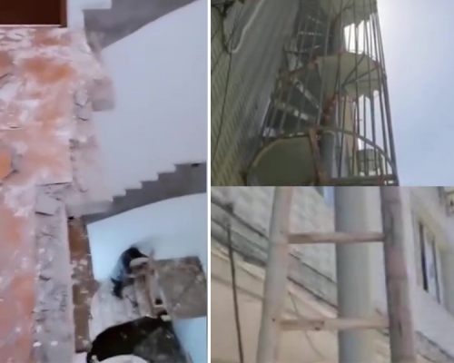 浙江男返工出門發現樓梯消失了，由於房東沒有通知被嚇一跳，需由竹梯爬上旋轉式鐵梯才能上落。(網圖)
